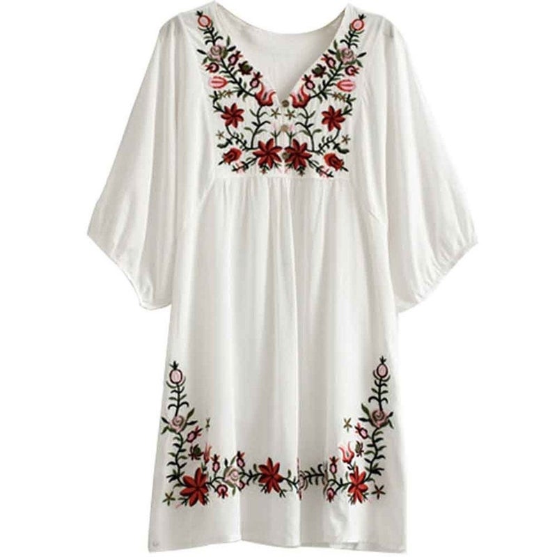 Kafeimali Summer Dress V Neck Mexican Embroidered Peasant Women's Dressy Tops Blouses (White) - Image 1